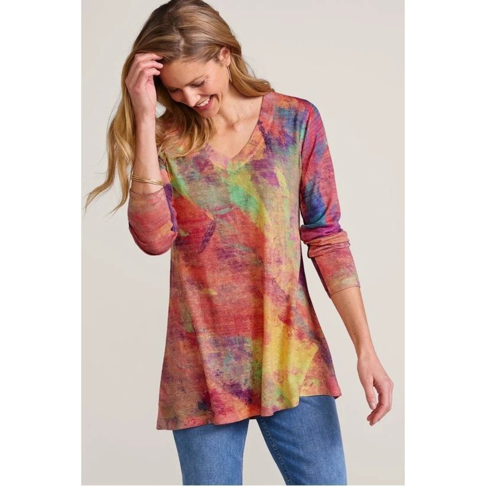 Soft Surroundings Plein De Couleurs Top 38N51 V-Neck Top PL Boho Watercolor